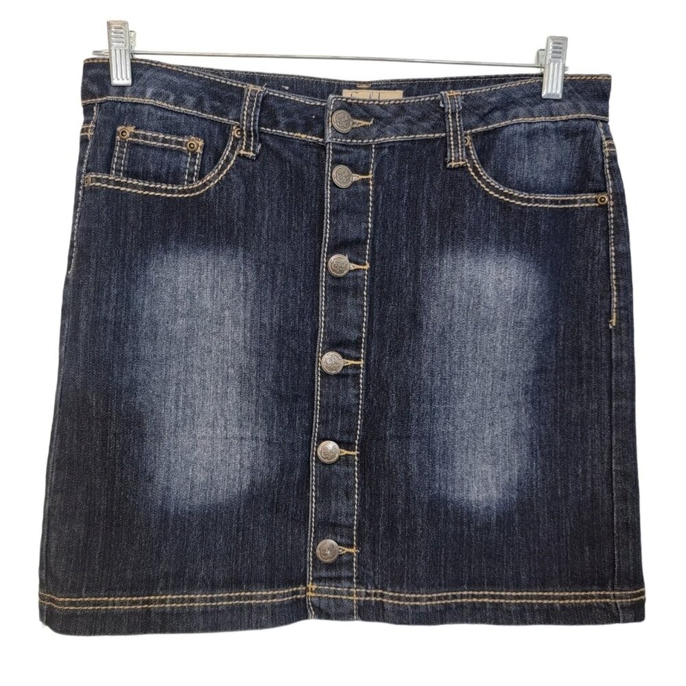 Earl Jean Denim Skirt Blue Dark Wash Stretch Pockets Womens Size 8‎ EUC